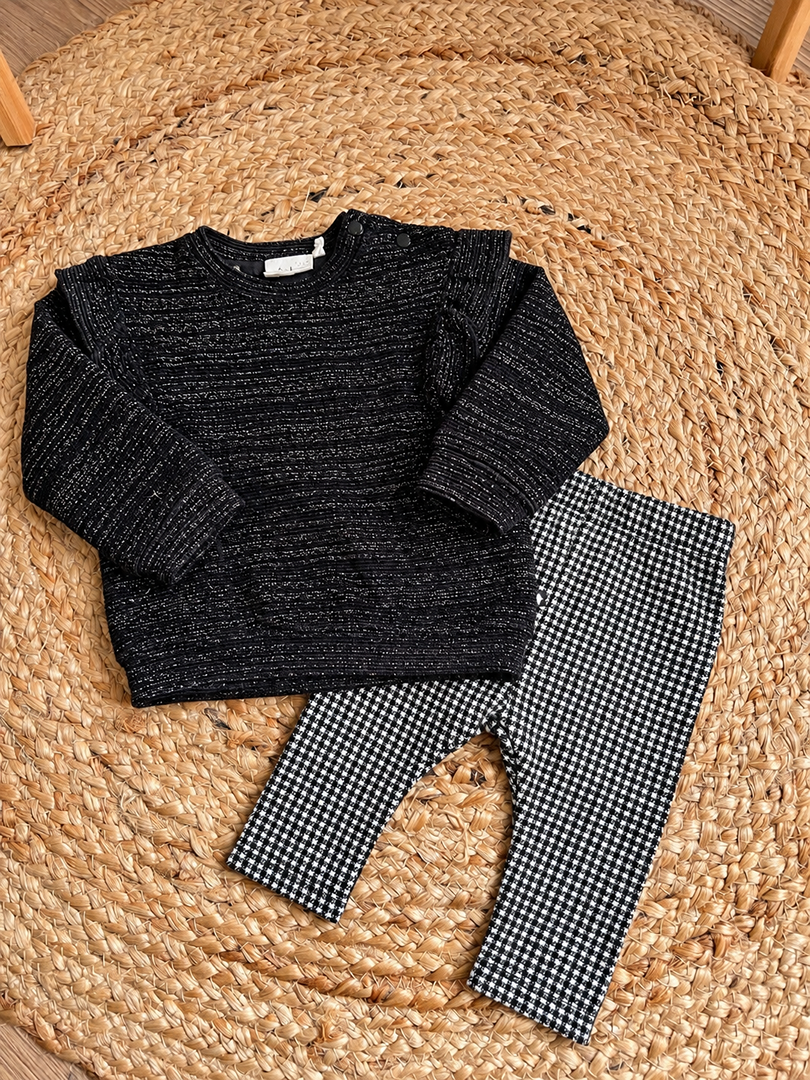 Ensemble fille hiver noir manches longues à motifs 3 mois legging vichy pull doré