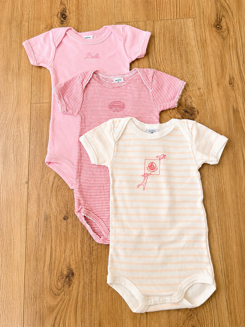 Lot 3 Bodies col Us manches courtes Petit Bateau 6 mois Fille Eté