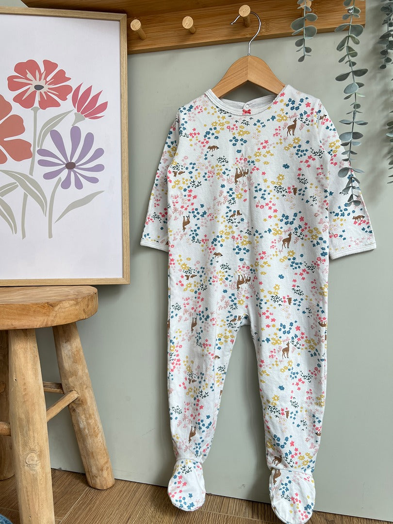 Pyjama 1 pièce jersey Petit Bateau 2 ans fille blanc fleurs cerf mi-saison manches longues coton