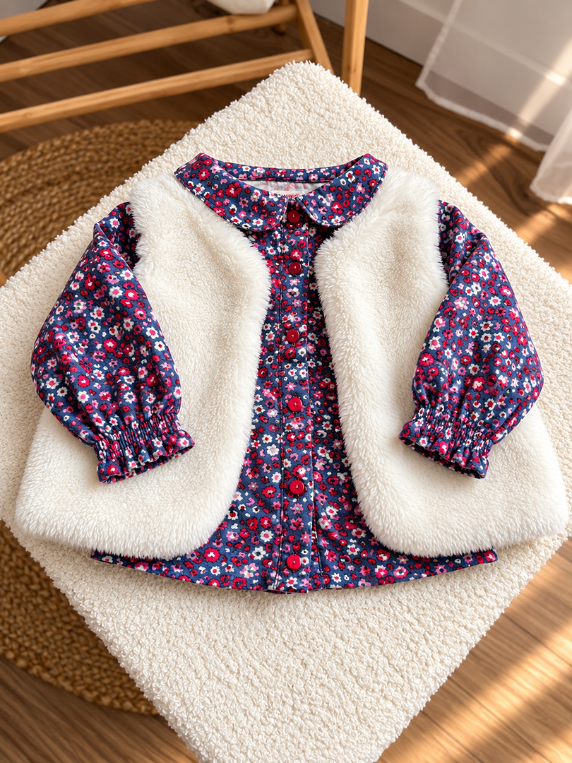 Ensemble Gilet sans manches fille Bout'chou crème et blouse fleuri Dpam 6 mois mi-saison