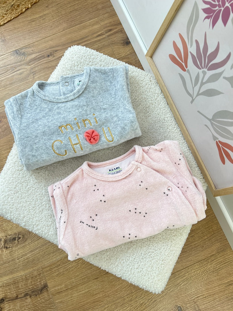 Lot 2 pyjamas 1 pièce velours bébé fille Kiabi 3 mois velours hiver