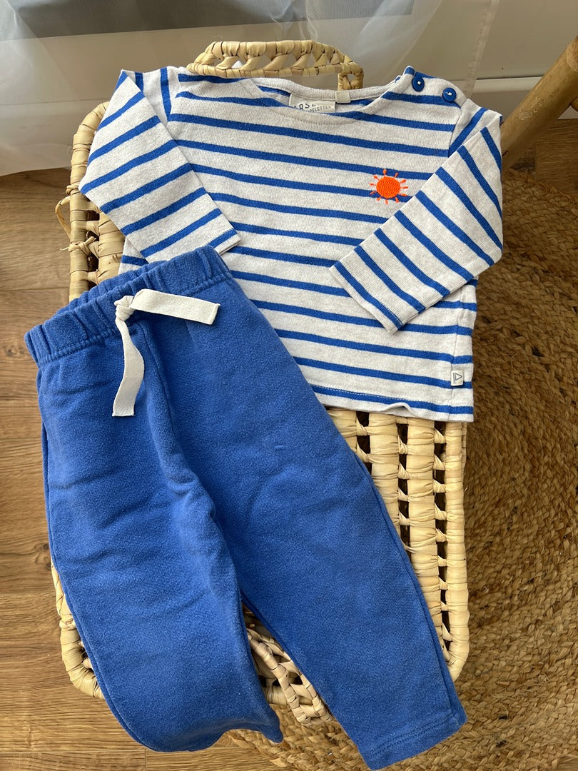 Ensemble Arsène & les piplettes Petit Bateau 12 mois garçon marinière bleu mi-saison manches longues