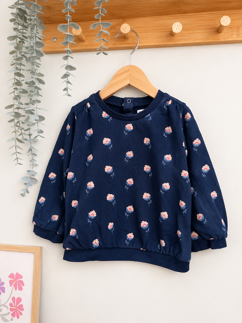 Sweat pull fille Mots d'enfants 3 ans bleu fleurs manches longues mi-saison