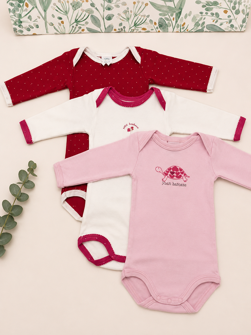 Lot 3 Bodies Manches Longues col Us Fille Petit Bateau 3 Mois mi-saison