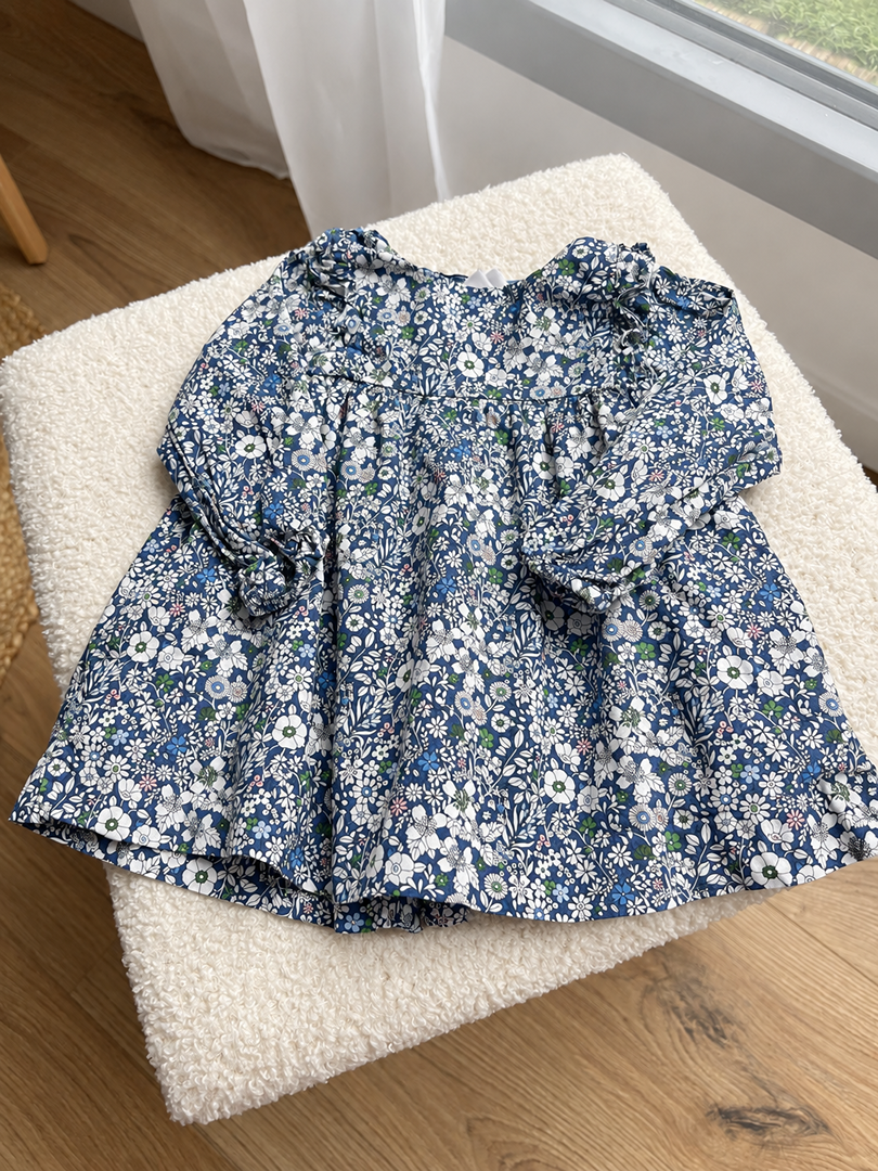 Robe fille Jacadi bleue fleurs 6 mois mi-saison manches longues