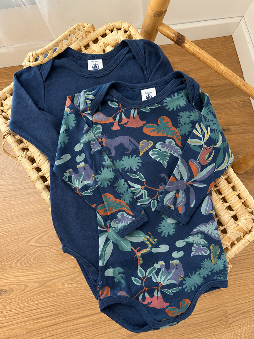 Lot 2 bodies col Us Petit Bateau bleu marine 18 mois garçon manches longues
