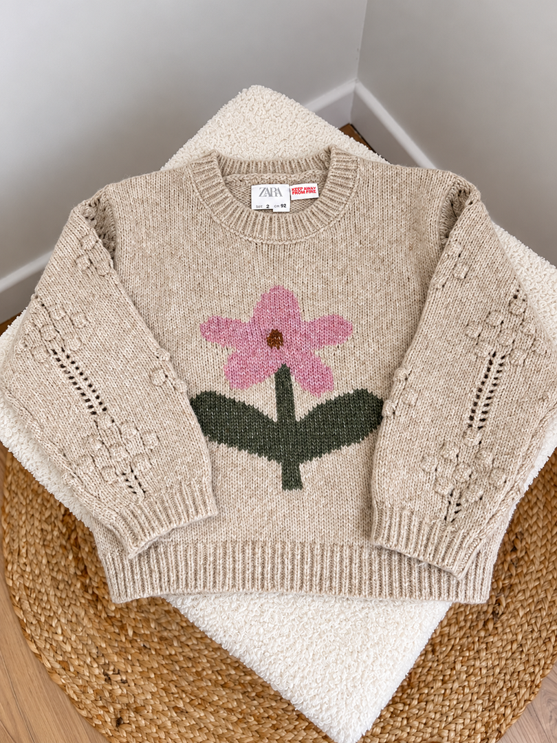Pull fille Zara 2 ans beige motif fleur hiver manches longues
