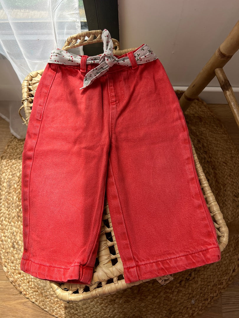 Pantalon jean large rouge fille Vertbaudet 18 mois ceinture mi-saison