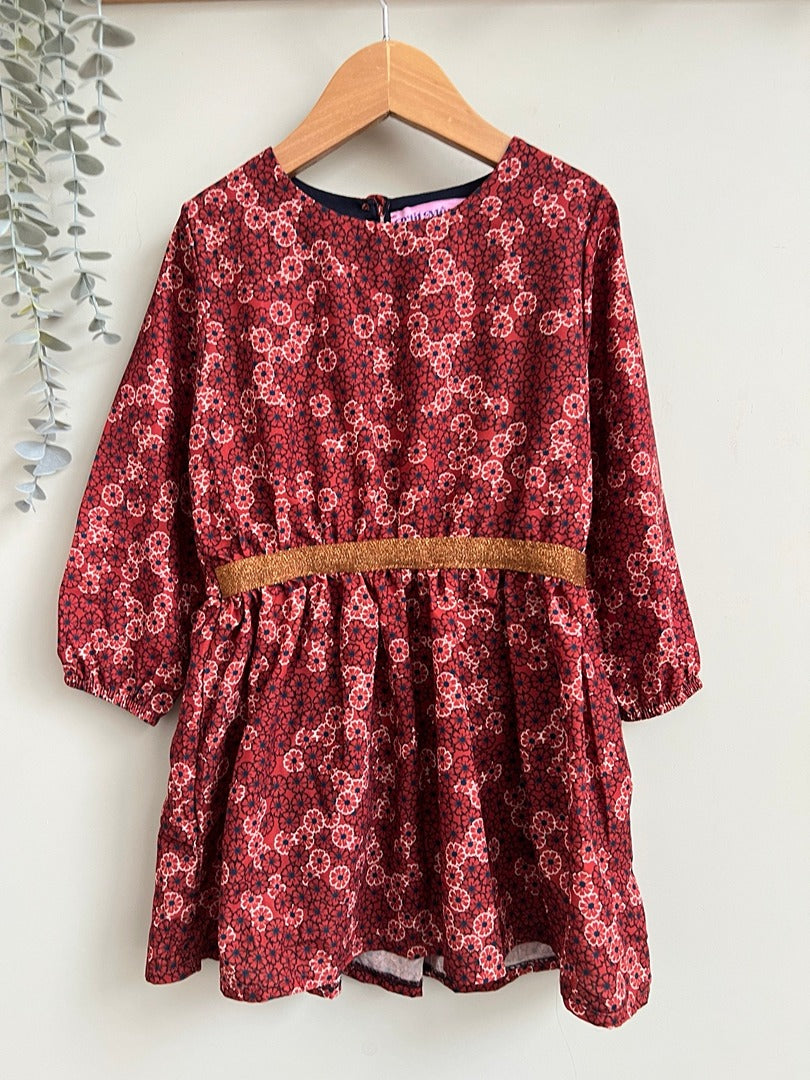 Robe fille Ptit Mome rouge à fleurs manches longues automne 3 ans