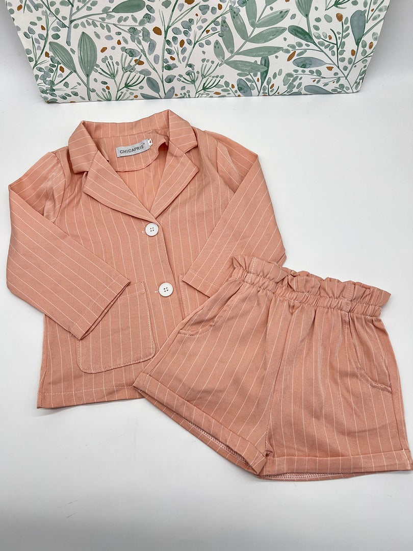 Ensemble short et blazer Chicaprie rose rayé fille 6 ans mi-saison