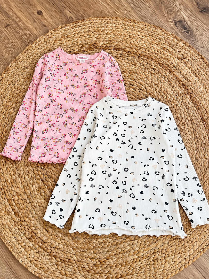 Lot 2 tshirts rose fleuri manches longues fille 3 ans côtelé
