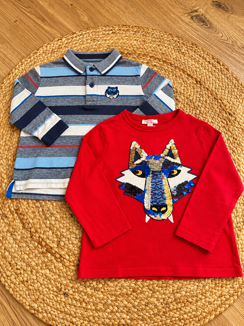 Lot 2 T-shirts polo rouge manches longues Dpam garçon mi-saison motif paillettes loup 5 ans
