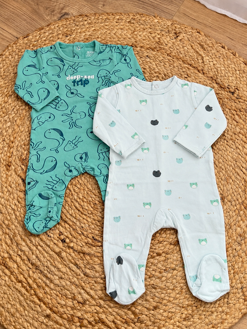 Lot 2 pyjamas 1 pièce jersey coton garçon Kiabi vert imprimé marin Mi-saison Manches longues 3 Mois