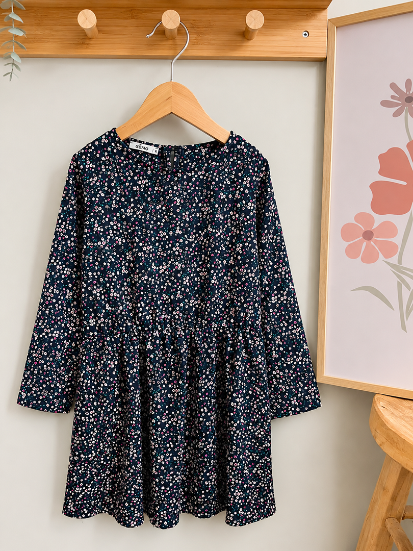 Robe bleu marine fleurie fille Gémo 6 ans manches longues mi-saison
