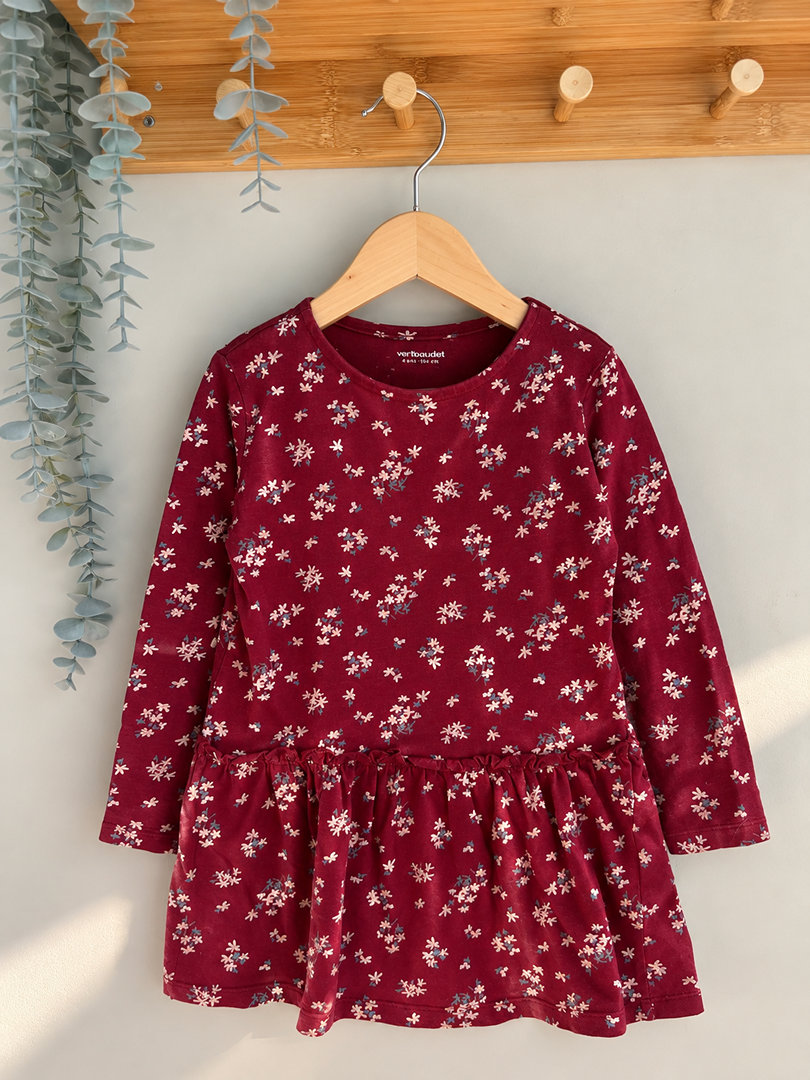 Robe fille Vertbaudet 4 ans bordeaux motif floral mi-saison manches longues
