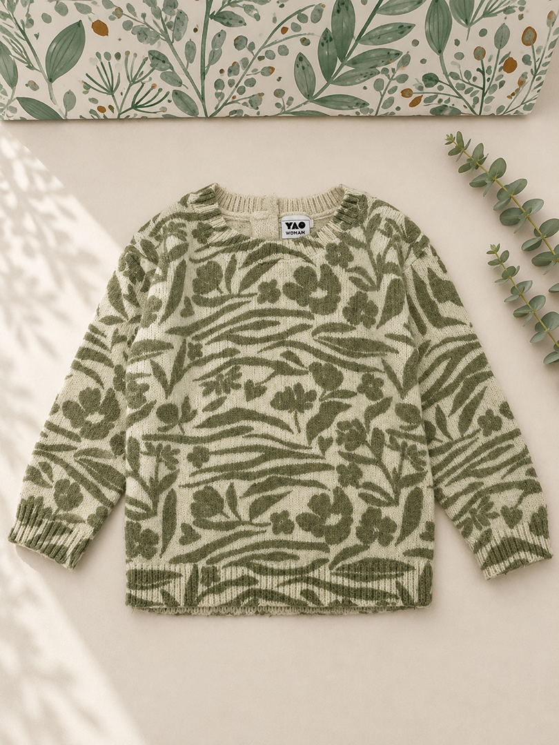 Pull fleuri fille Tape à l'oeil Tao 18 mois - Vert hiver