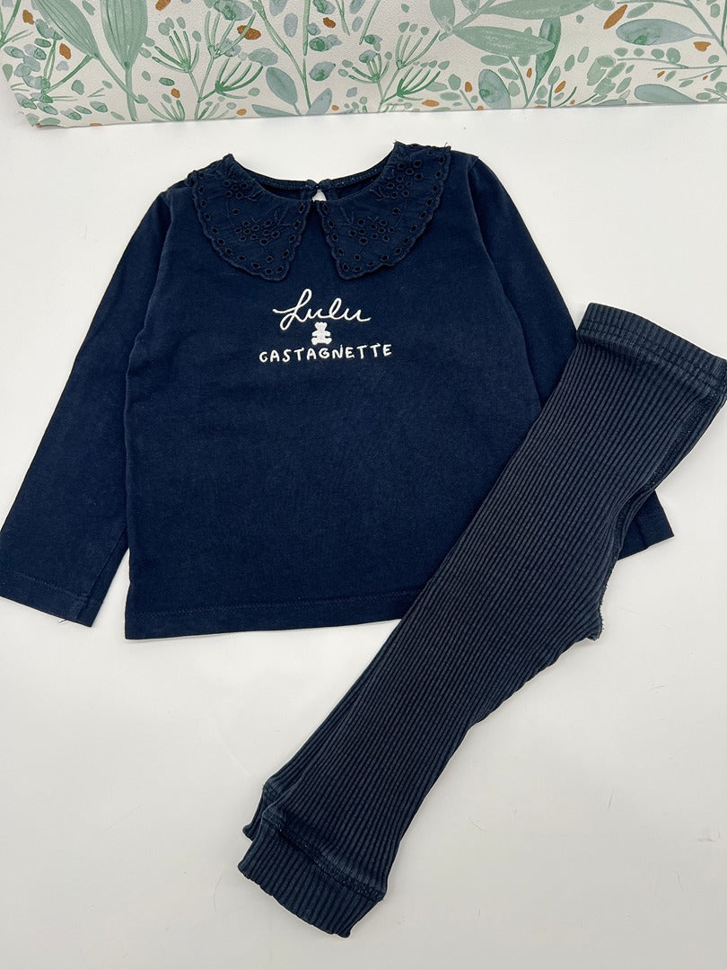 Ensemble t-shirt joli col + legging côtelé fille Lulucastagnette - 24 mois - Bleu marine
