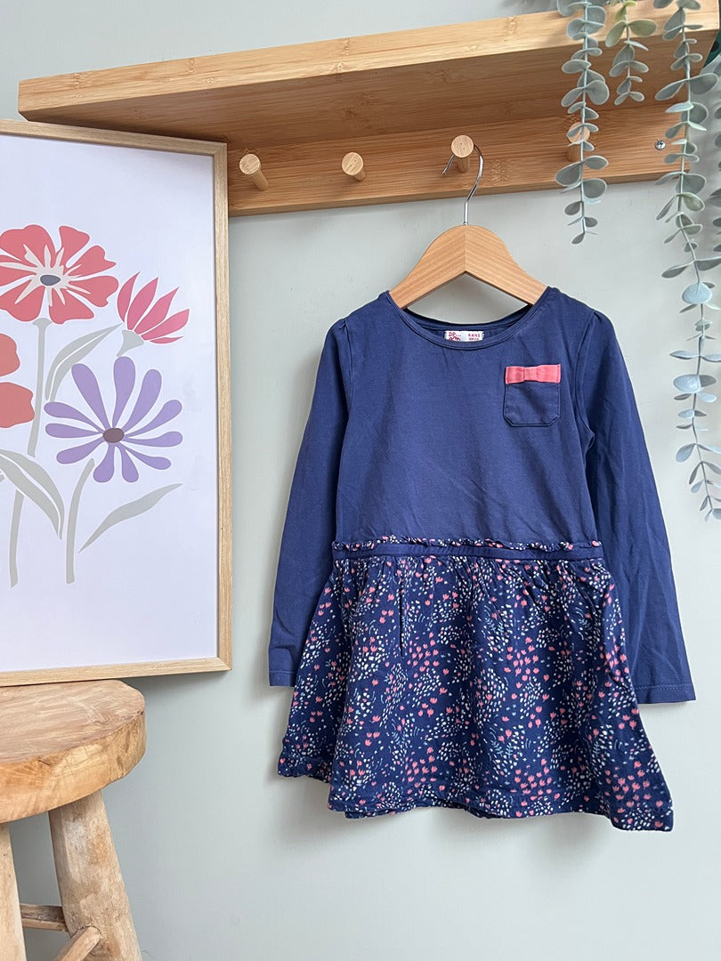 Robe fille Dpam 4 ans bleu marine à fleurs manches longues mi-saison