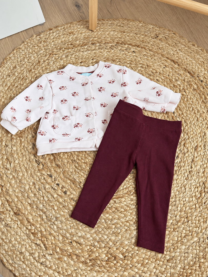 Ensemble fille Okaïdi rose mi-saison 6 mois manches longues gilet legging côtelé
