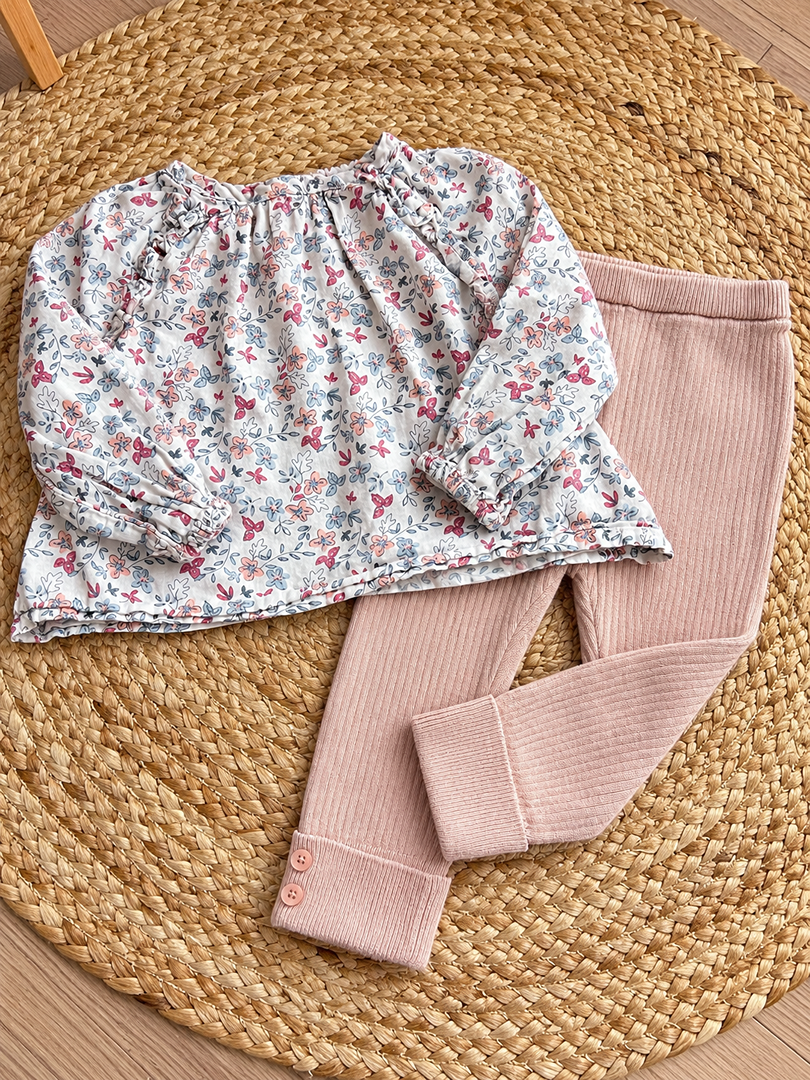 Ensemble fille mi-saison haut fleuri manches longues et legging rose 6 mois Tao Zara