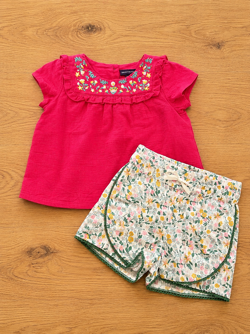 Ensemble fille Sergent Major bout'chou 6 mois rose été manches courtes blouse short fleurie