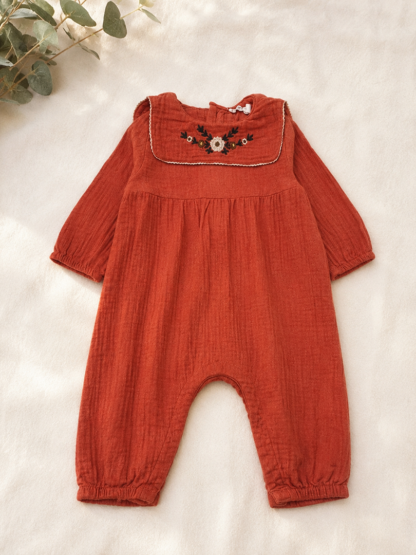 Combinaison barboteuse gaz de coton fluide Fille Bout'chou 3 Mois Mi-saison Terracotta