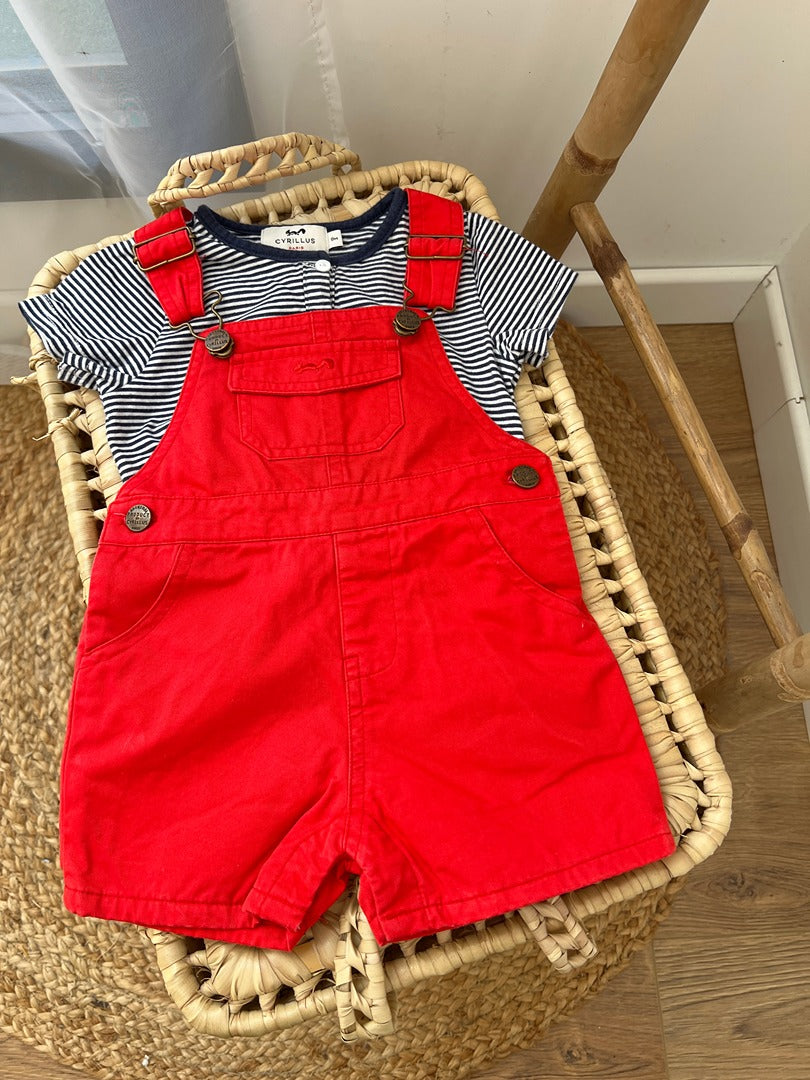 Ensemble salopette short et t-shirt manches courtes garçon Cyrillus - 9 mois - Rouge et rayé