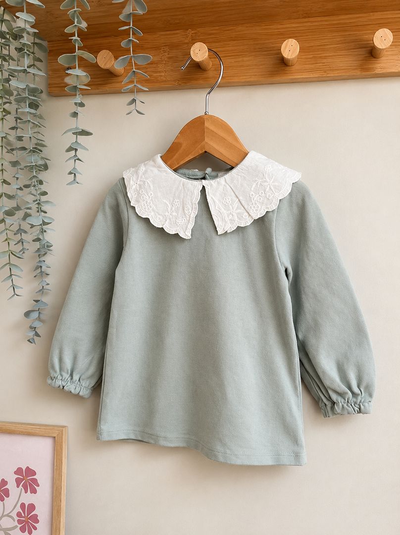 Pull fille Tape à l'œil Tao 2 ans vert manches longues mi-saison joli col