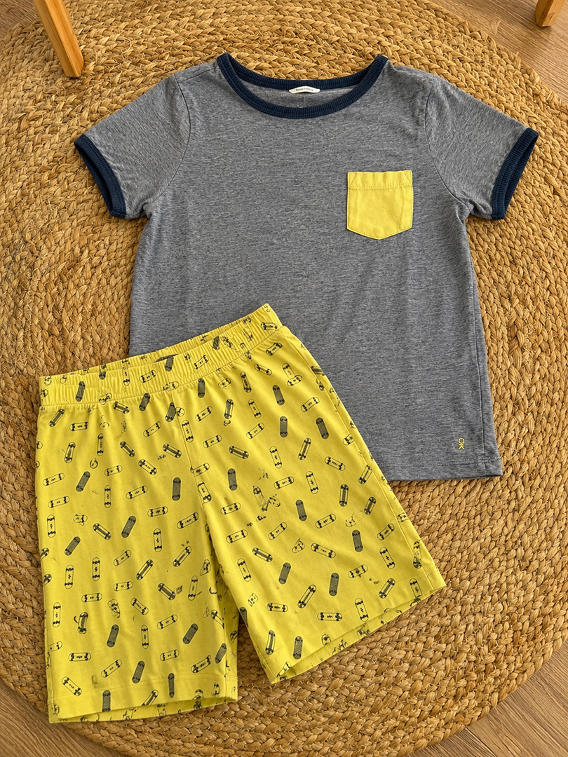 Pyjama court garçon Okaïdi jaune et gris 8 ans été