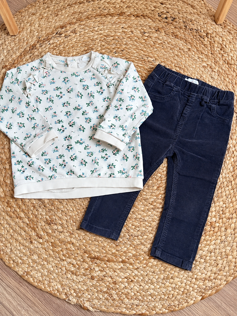 Ensemble fille mi-saison sweat à fleurs manches longues et pantalon velours bleu