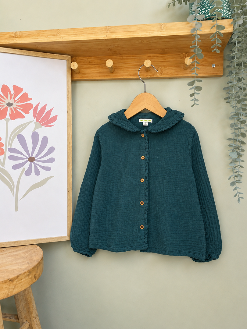 Chemise fille Vertbaudet 5 ans vert mi-saison manches longues gaz de coton joli col