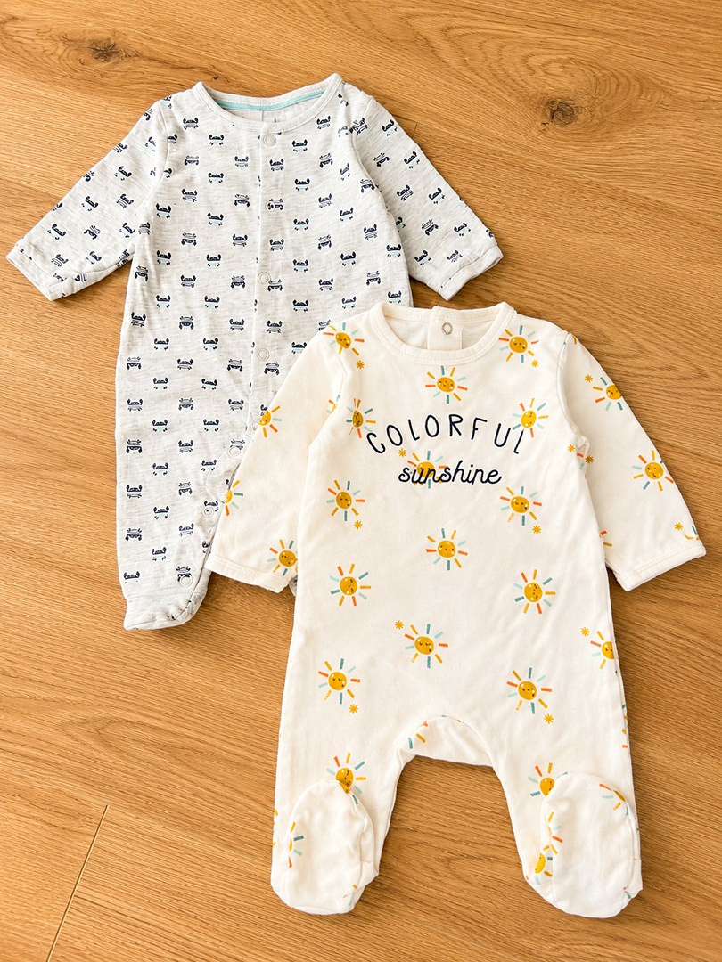 Lot 2 pyjamas 1 pièce en jersey garçon Obaïbi Kiabi 1 mois mi-saison manches longues