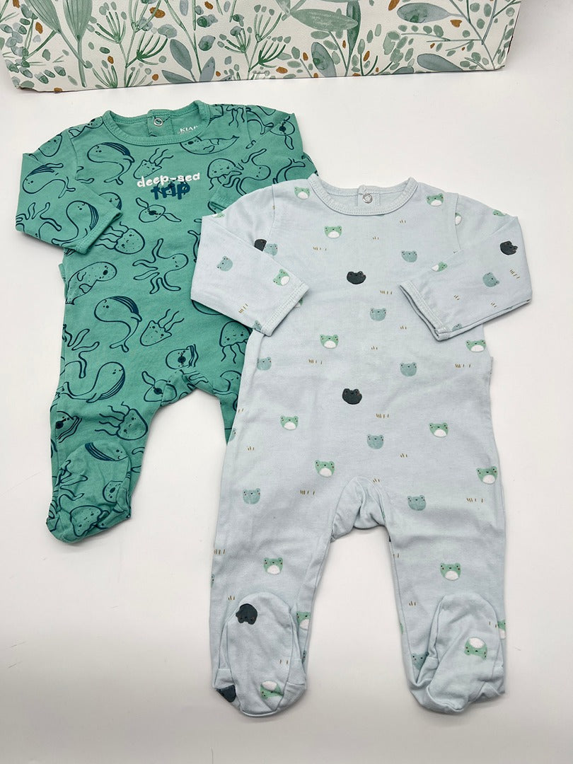 Lot de 2 pyjamas 1 pièce en jersey Kiabi - 3 mois - Vert - Garçon