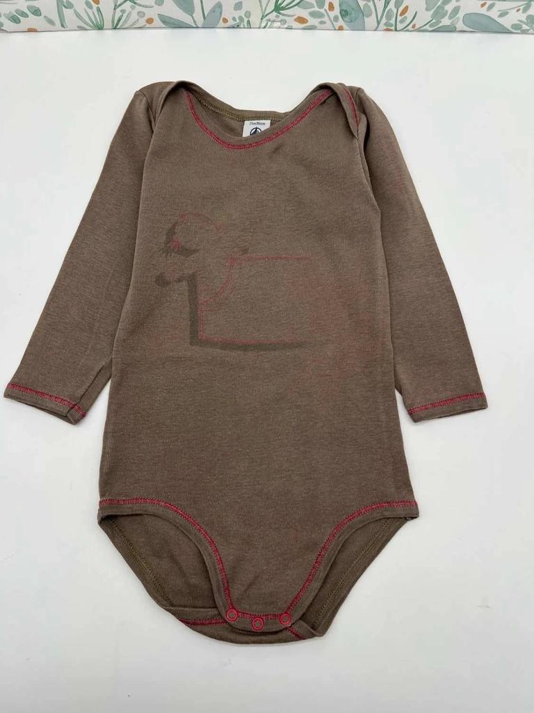Body marron Petit Bateau – col Us avec couture rose – détail délicat & chic – 2 ans Fille