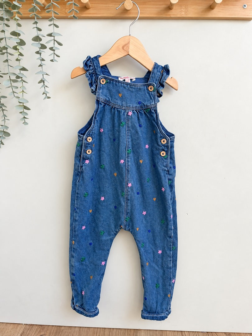 Salopette en jean fille Du Pareil au Même fleurs brodées bleu 2 ans mi-saison