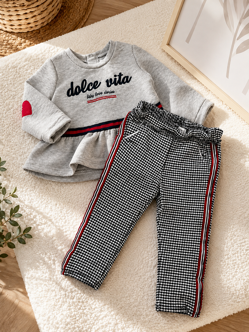 Ensemble pantalon pull Fille Ikks 6 Mois mi-saison Manches Longues Gris motif nid de poule
