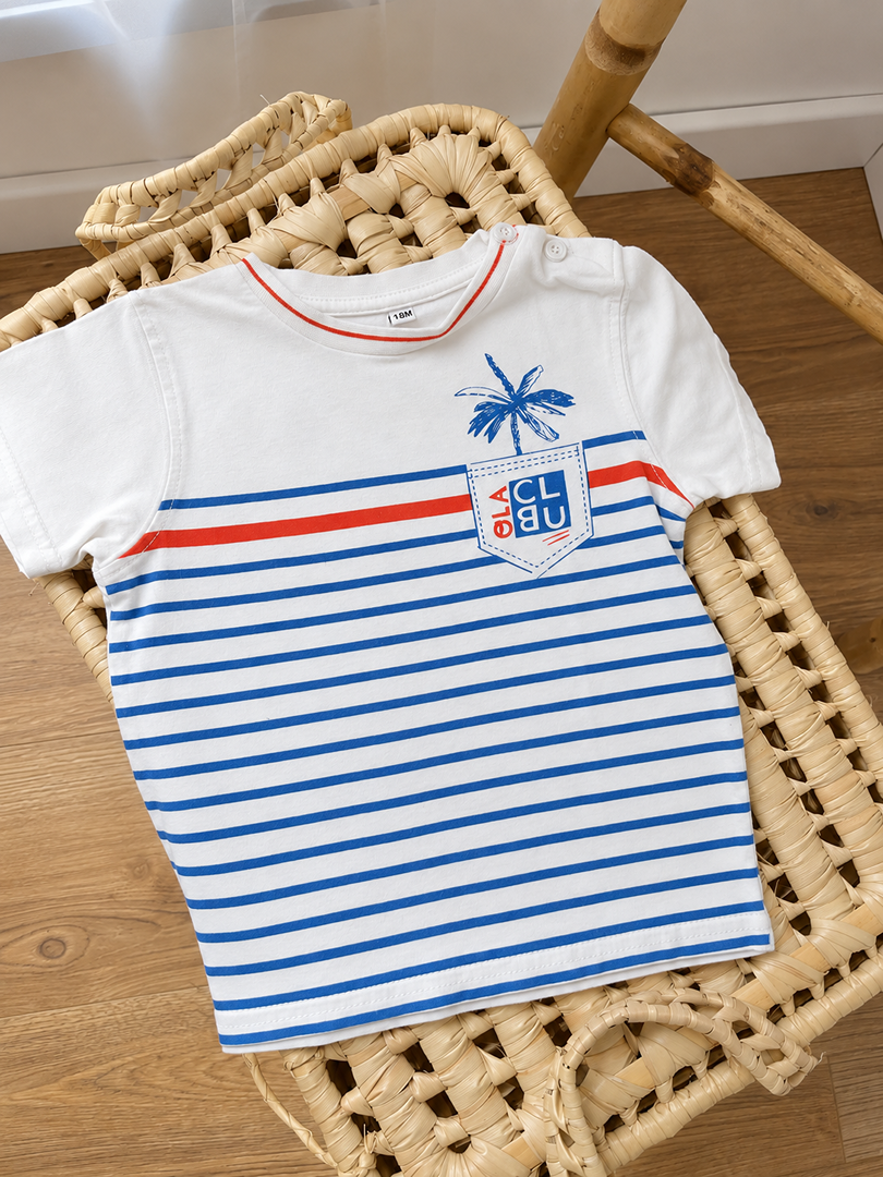 T-shirt garçon Gémo blanc rayé bleu 18 mois manches courtes été