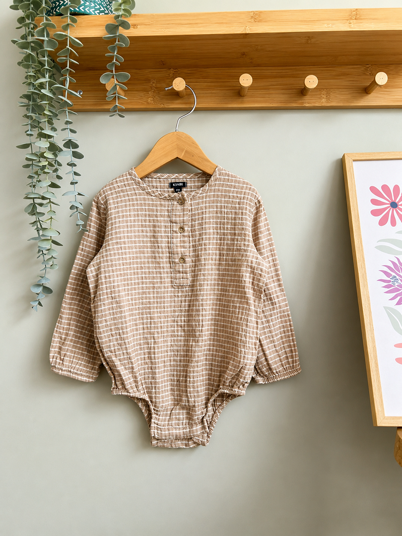 Chemise body intégré garçon Kiabi 2 ans en lin marron mi-saison manches longues vichy