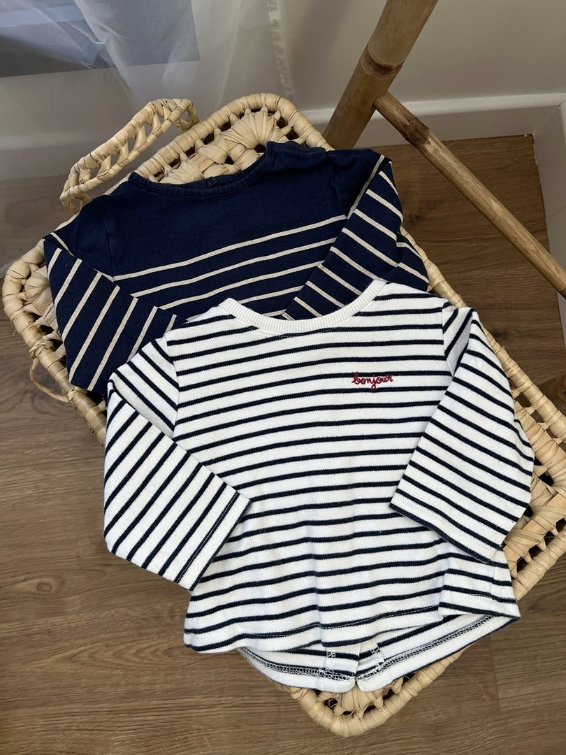 Lot de 2 t-shirts marinières manches longues garçon 9 mois mi-saison Kiabi