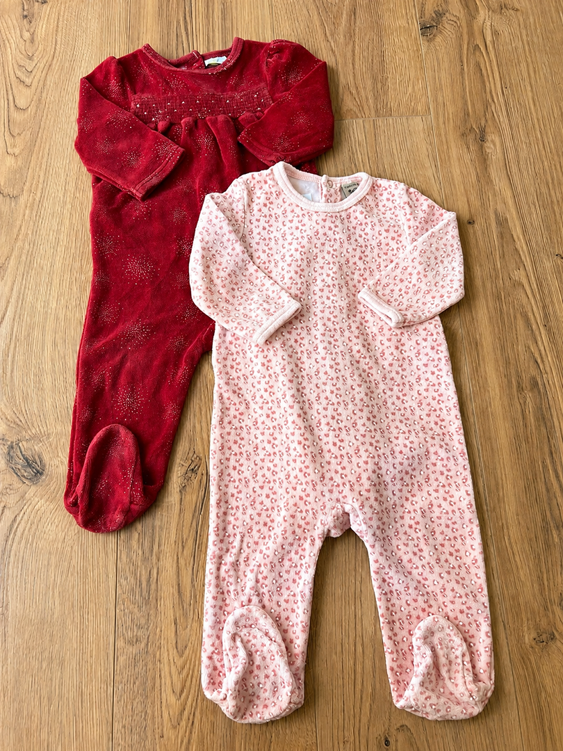 Lot 2 pyjamas dors-bien 1 pièce en velours fille Tape à l'œil Boite à malices 12 mois rouge hiver