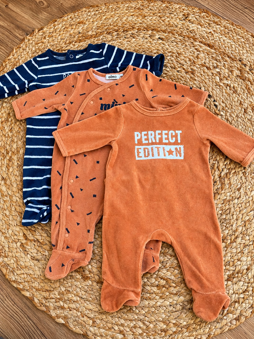 Lot de 3 pyjamas 1 pièce en velours garçon Gemo 1 mois mi-saison manches longues