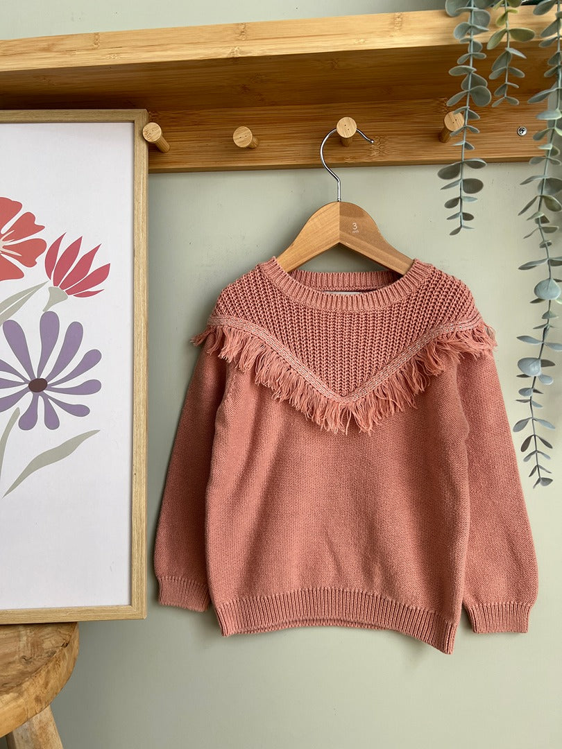 Pull fille Little Cigogne rose 4 ans franges manches longues