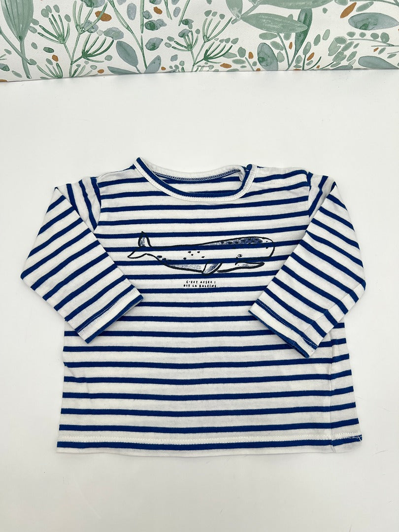 T-shirt marinière manches longues garçon Bout'chou - 9 mois - rayé bleu blanc baleine