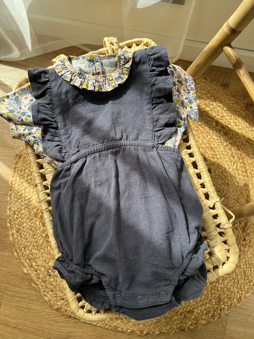 Ensemble Barboteuse et blouse fleurie coton et lin fille été Apaches Collections 2 ans