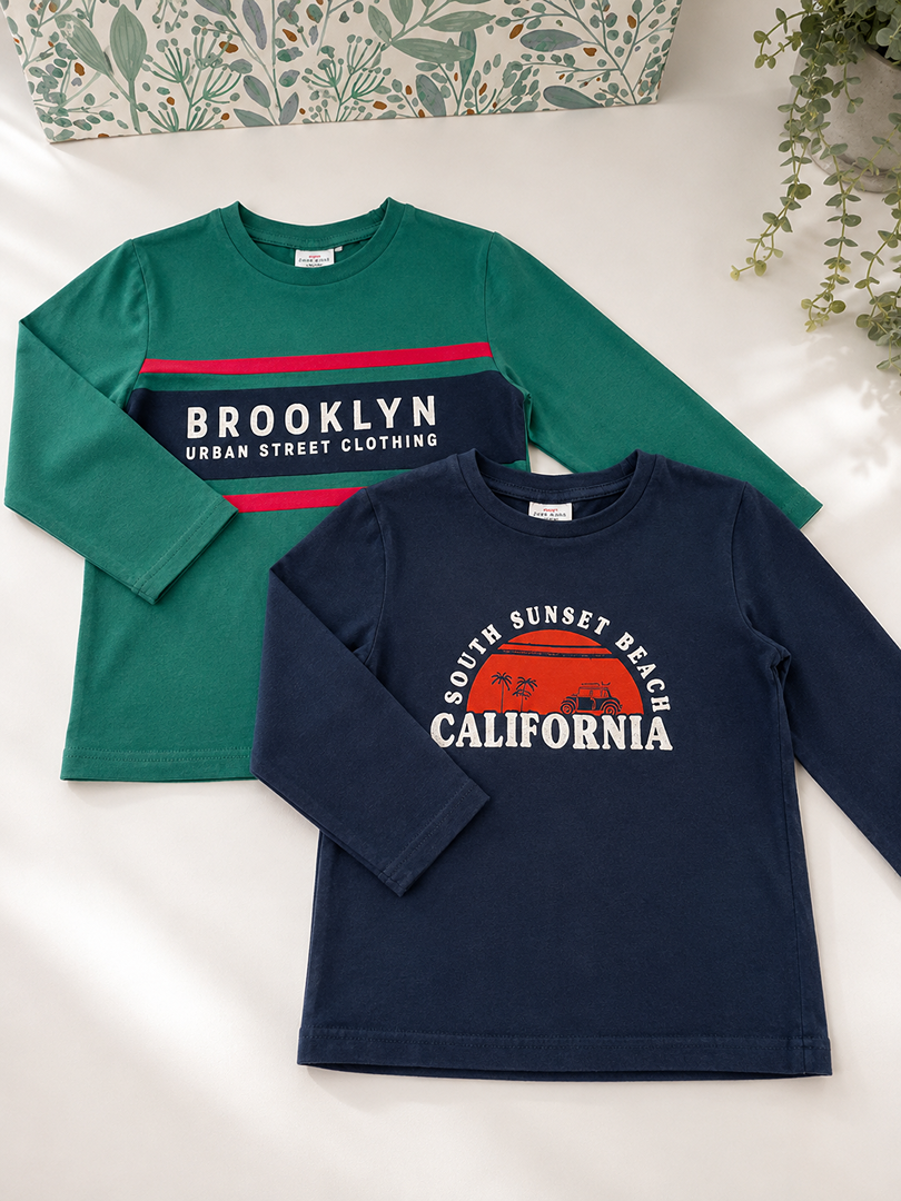 Lot 2 T-shirts Manches Longues mi-saison Garçon Tape À L'œil Tao 3 Ans vert bleu