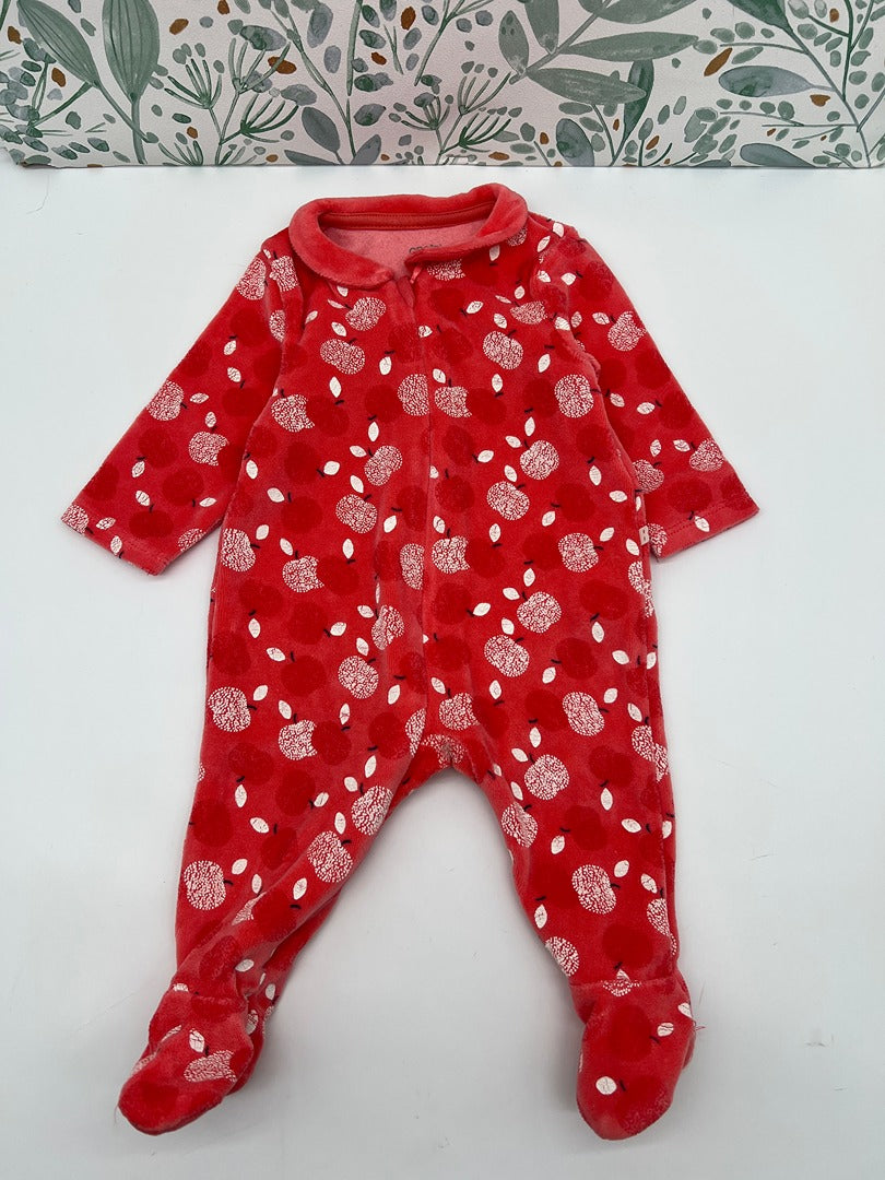 Pyjama 1 pièce velours Obaïbi 3 mois fille rouge à pommes hiver joli col