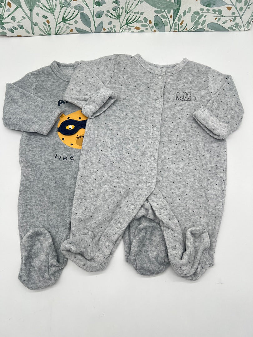 Lot 2 Dors-bien 1 pièce velours Kiabi - 1 mois - Gris - Mixte garçon ou fille