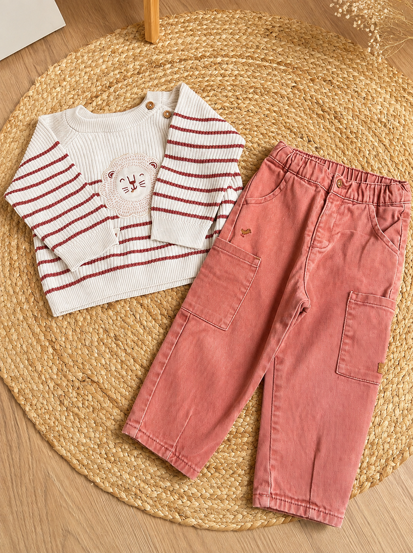 Ensemble garçon hiver pull rayures lion et pantalon corail 2 ans Sergent Major
