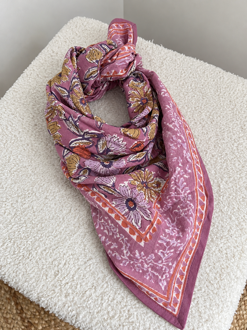 Petit foulard indien - Fille femme - floral violet mi-saison - Neuf Bonheur du jour 65x65cm