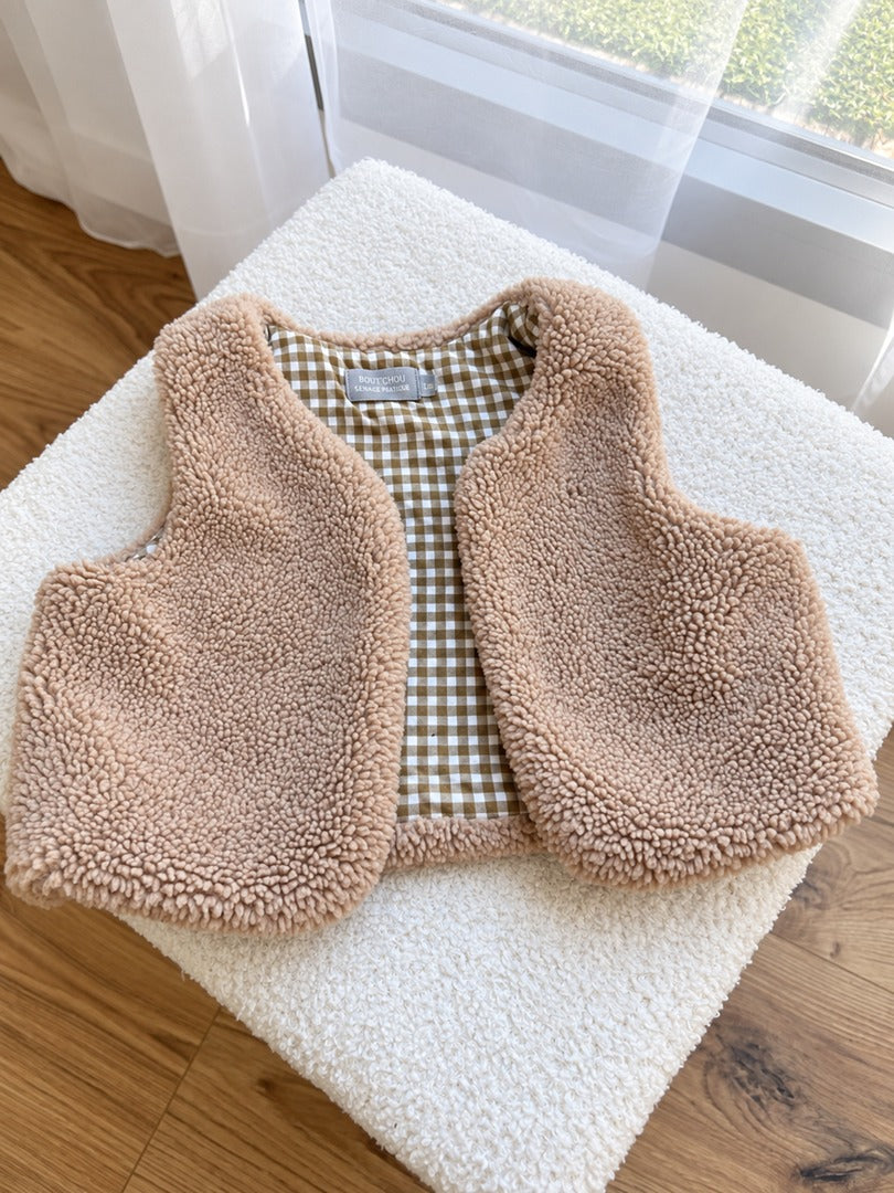 Gilet sans manches bouclé moumoute fille Bout'chou beige automne hiver 12 mois